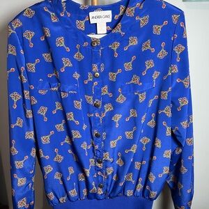 Andrea Gayle Blue Blouse with Colorful Design